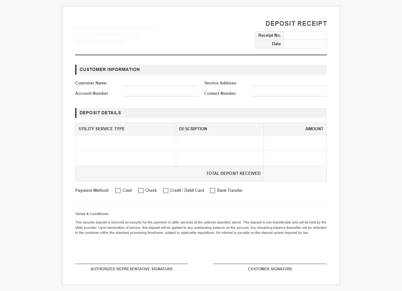 Security Deposit Receipt for Utility Services