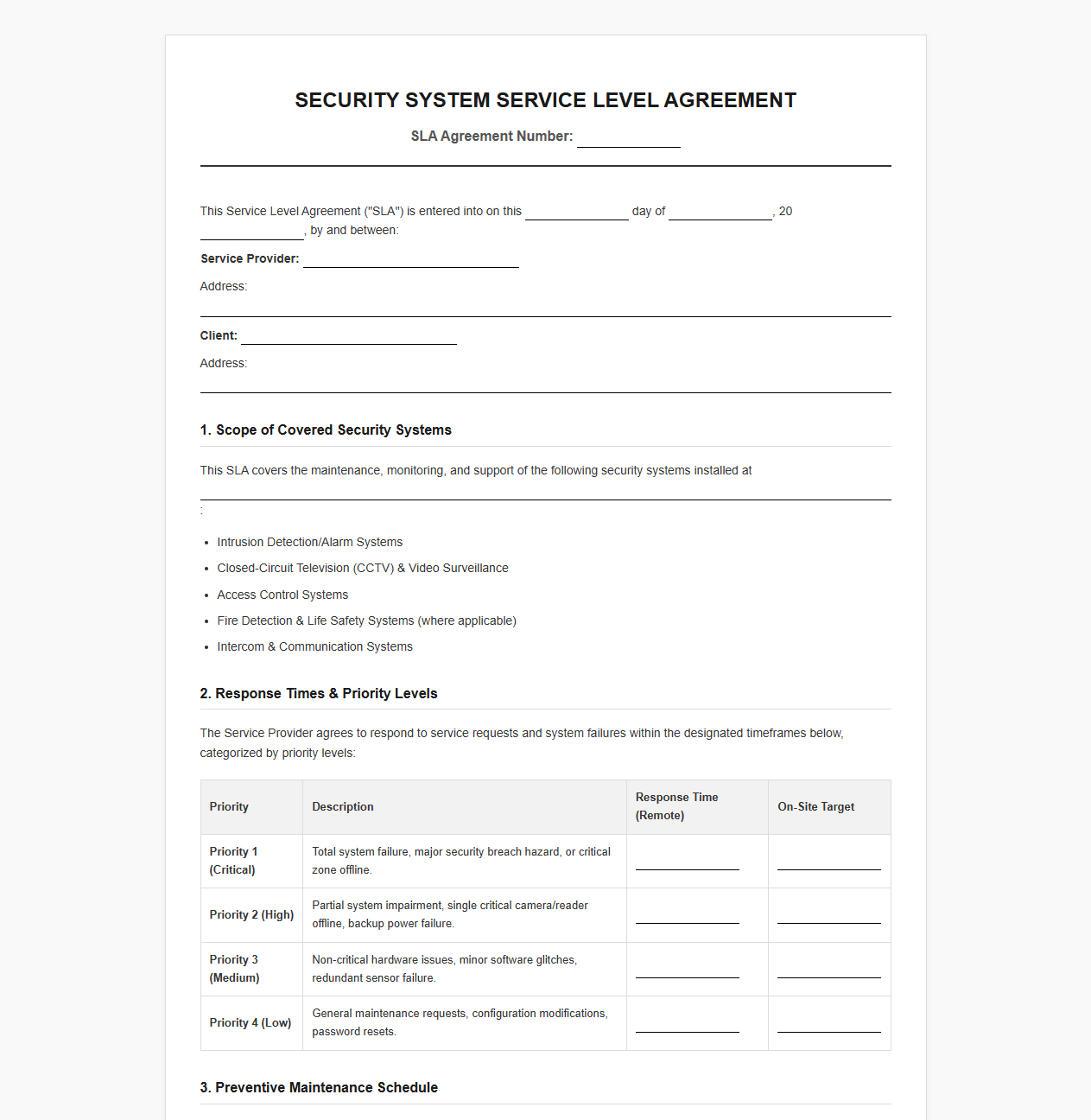 Security System Service Level Agreement