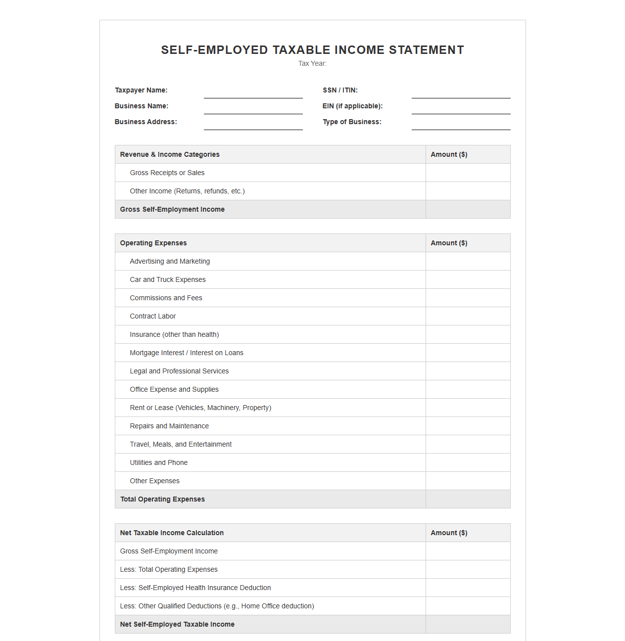 Self Employed Taxable Income Statement