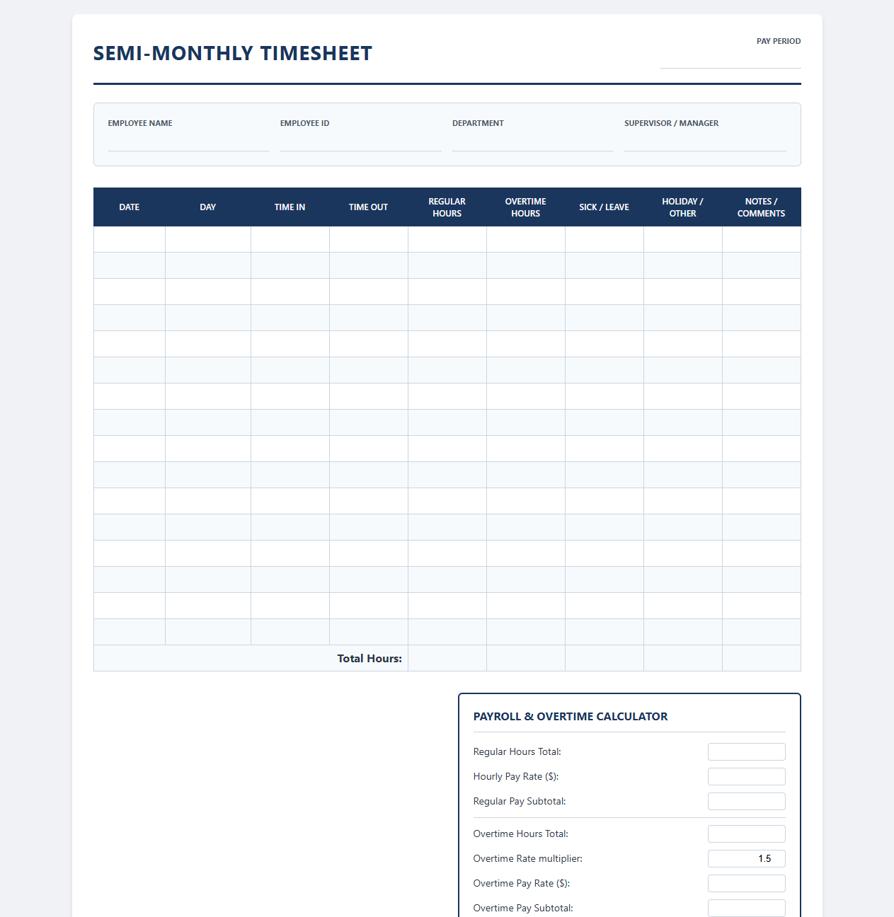 Semi-Monthly Payroll Timesheet Template with Overtime Calculator