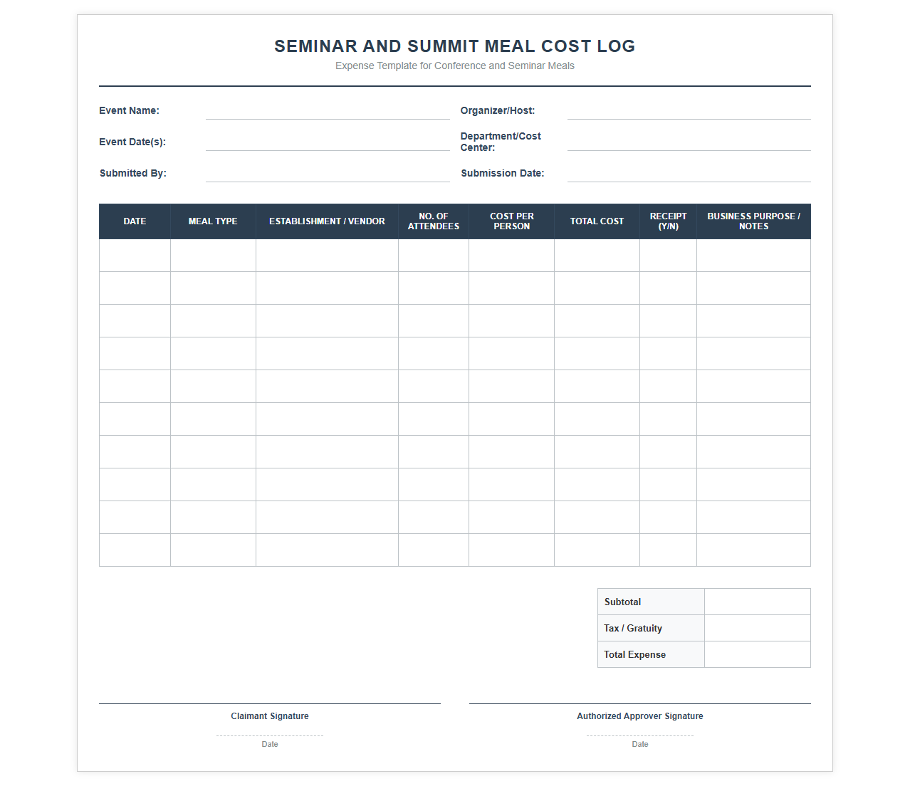 Seminar and Summit Meal Cost Log