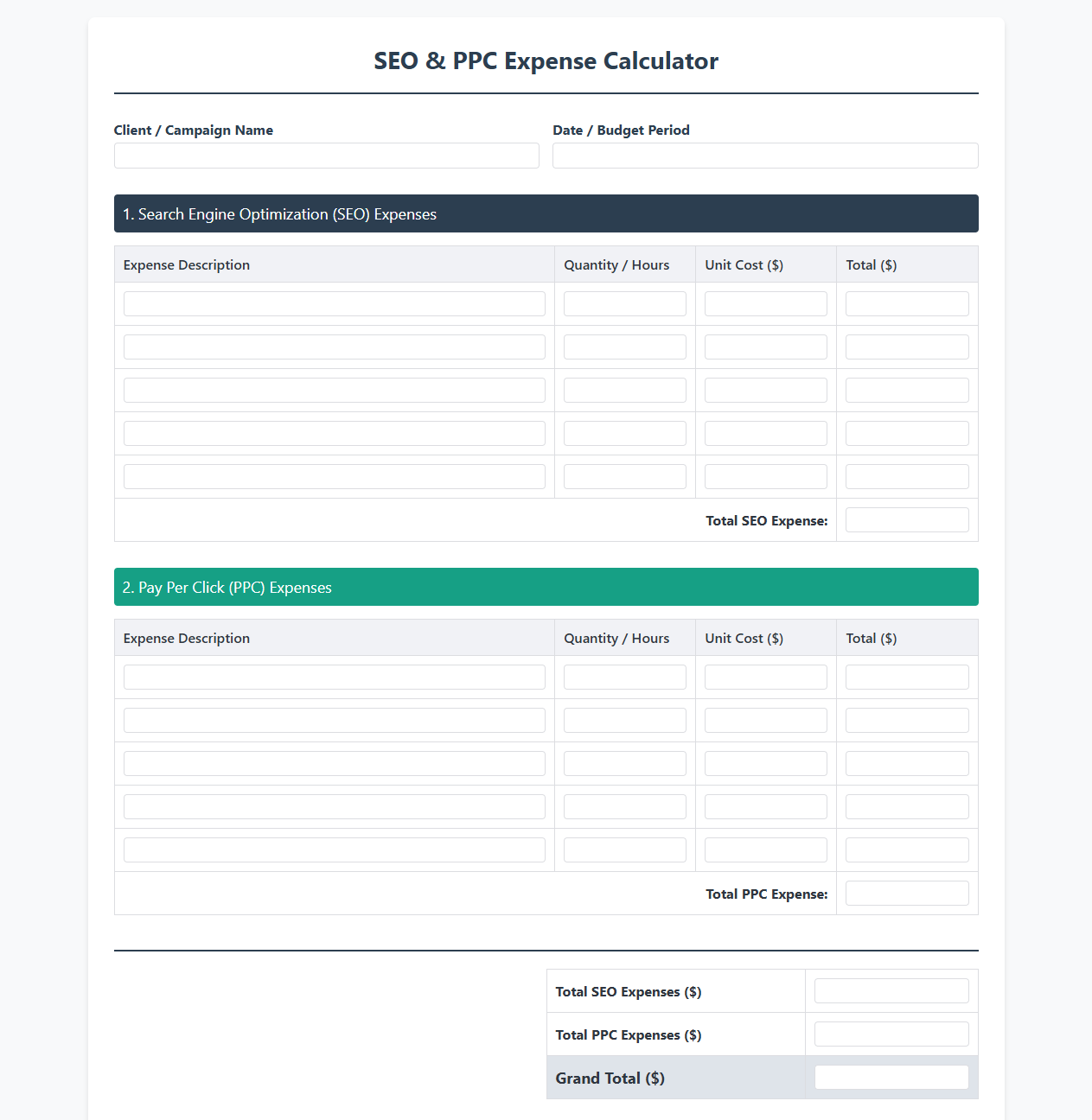 SEO and Pay Per Click Expense Calculator