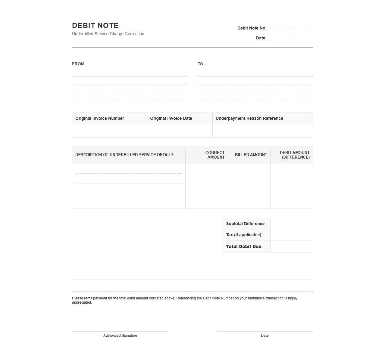 Service Charge Underpayment Correction Debit Note