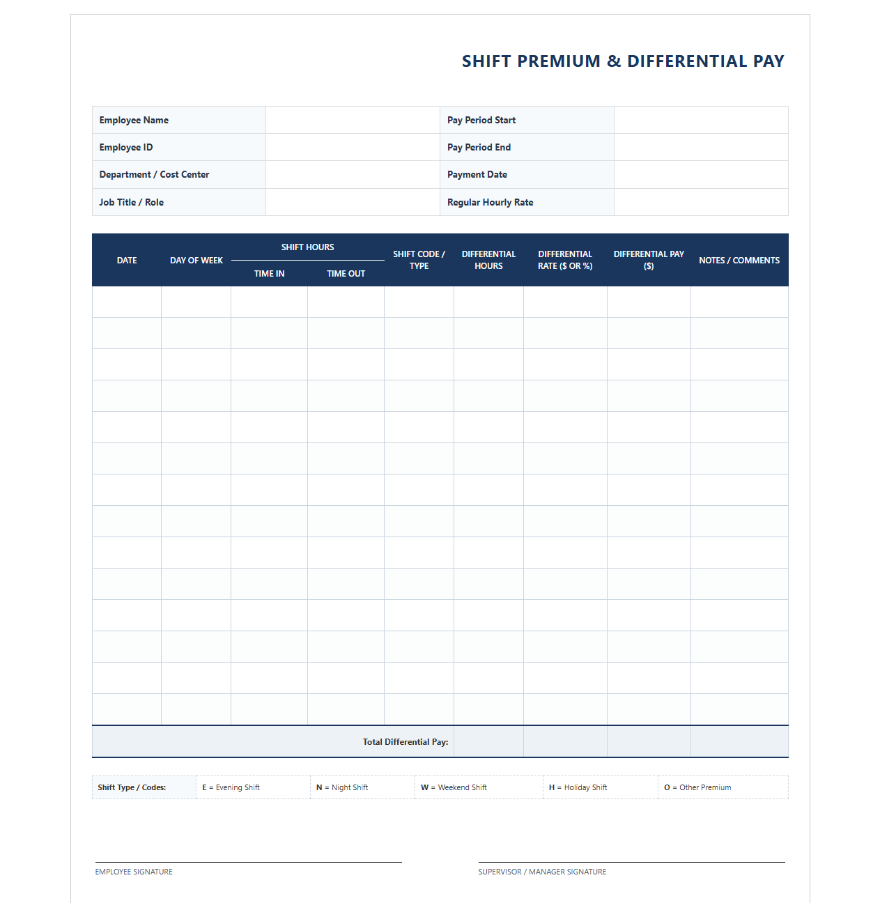 Shift Premium and Differential Pay Template