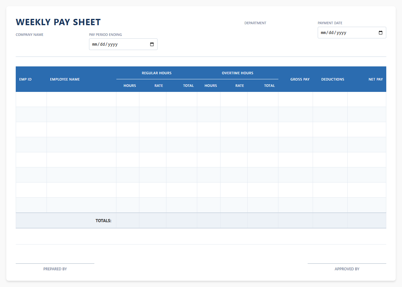 Simple Weekly Pay Sheet Template