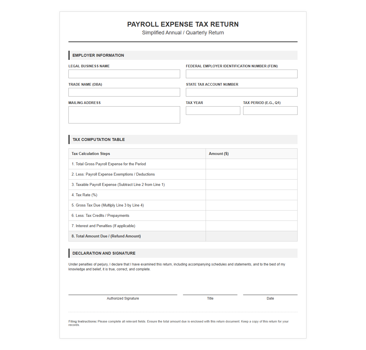 Simplified Payroll Expense Tax Return Template