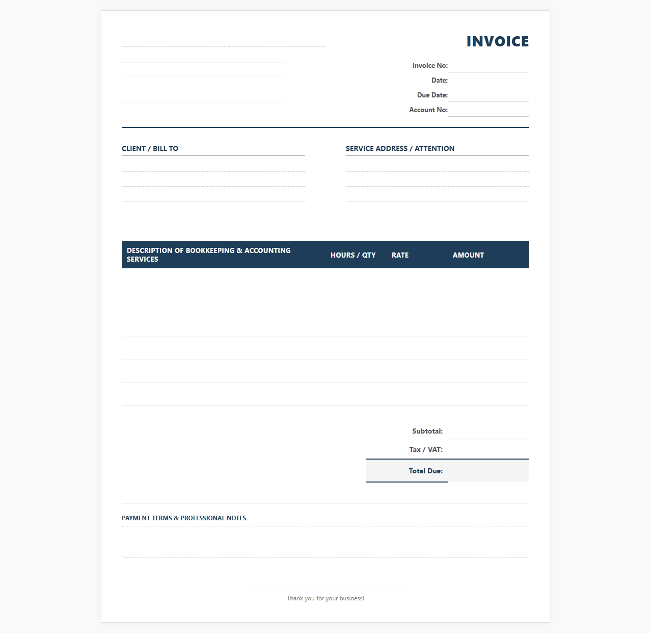 Small Business Bookkeeping and Accounting Invoice