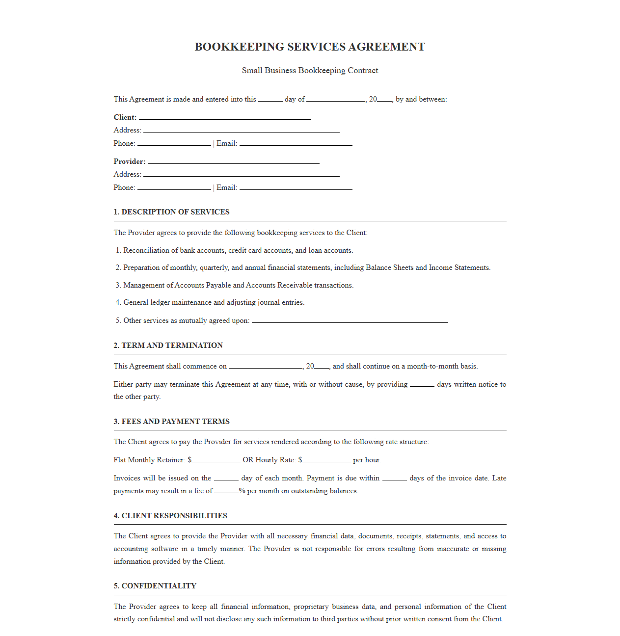Small Business Bookkeeping Services Contract