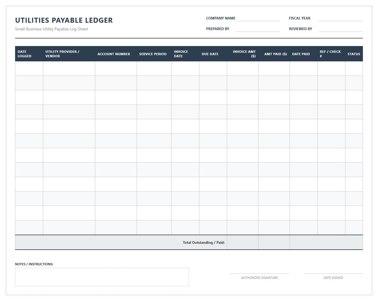 Small Business Utility Payable Log Sheet