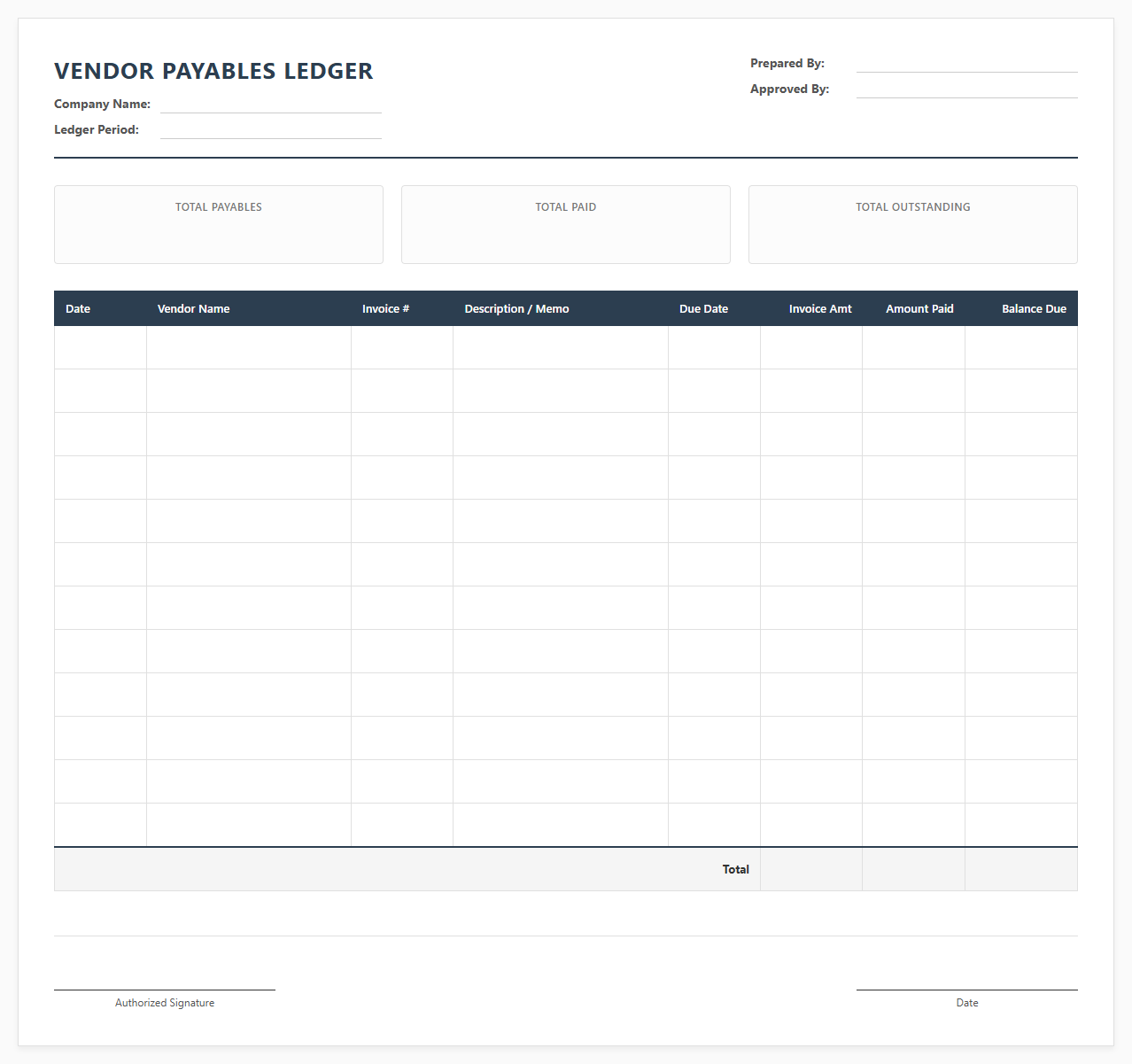 Small Business Vendor Payables Ledger