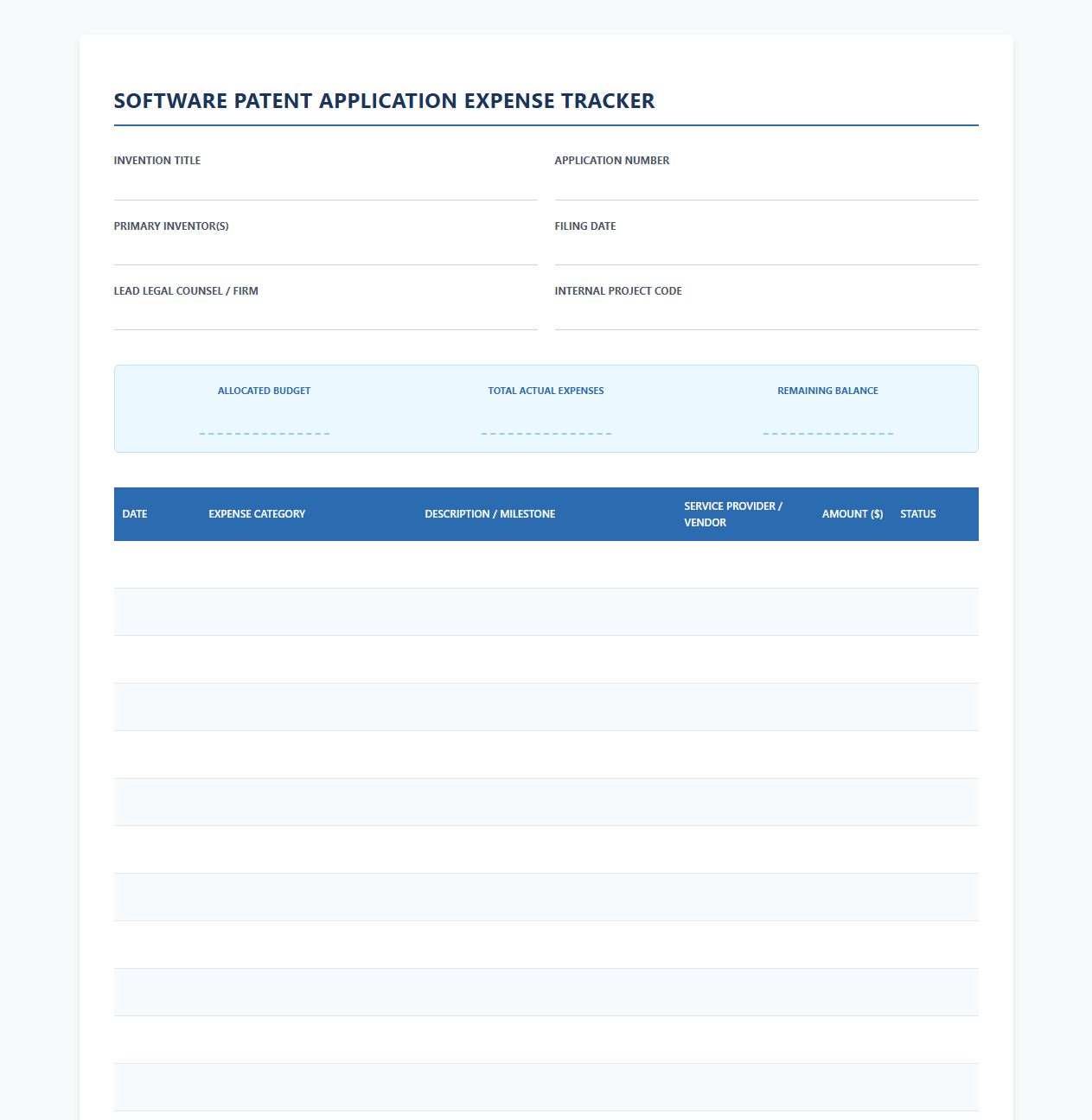 Software Patent Application Expense Tracker