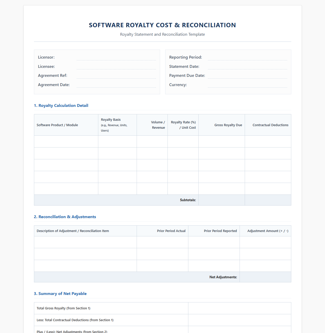 Software Royalty Cost and Reconciliation Template