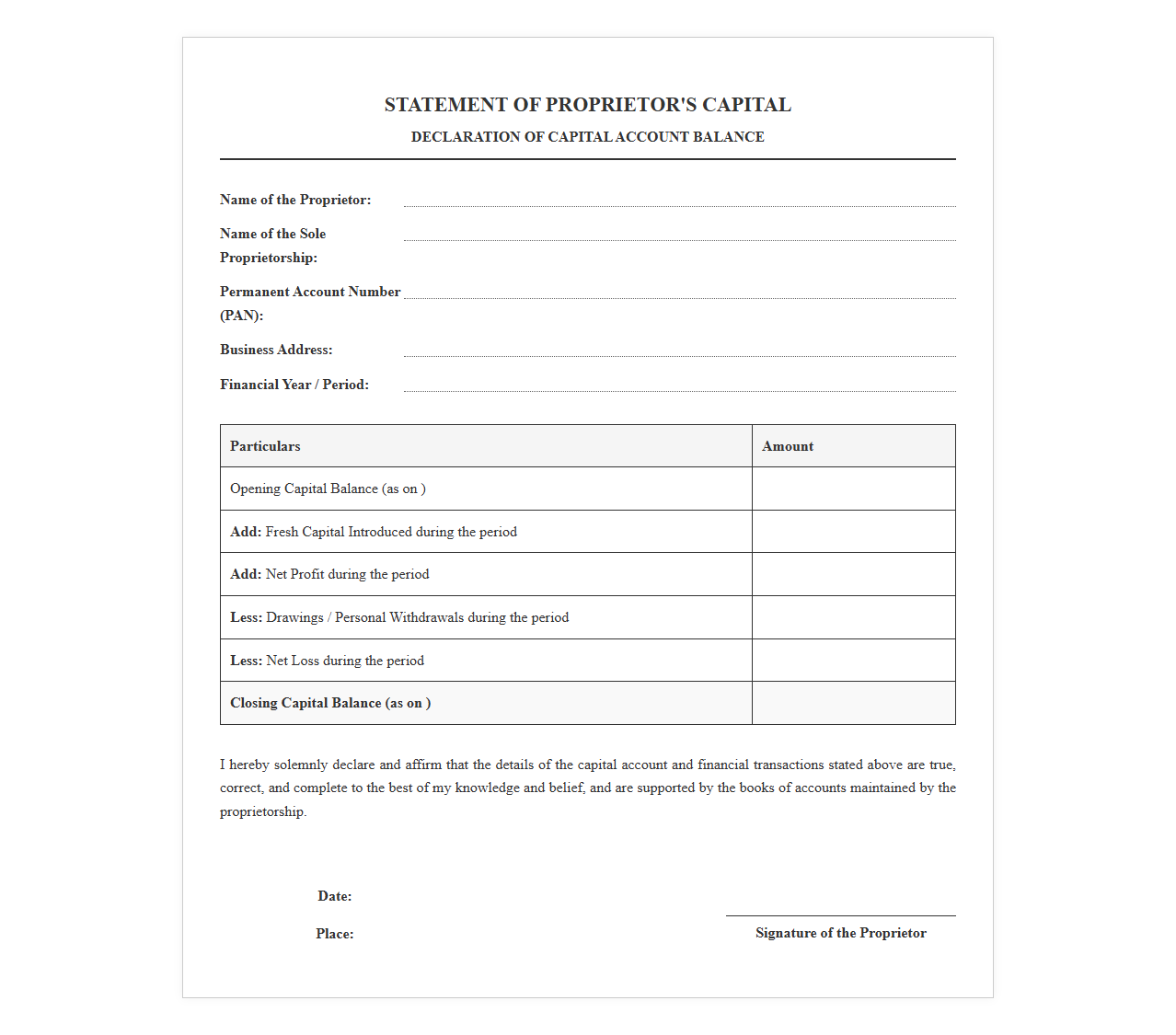 Sole Proprietor Capital Declaration Template