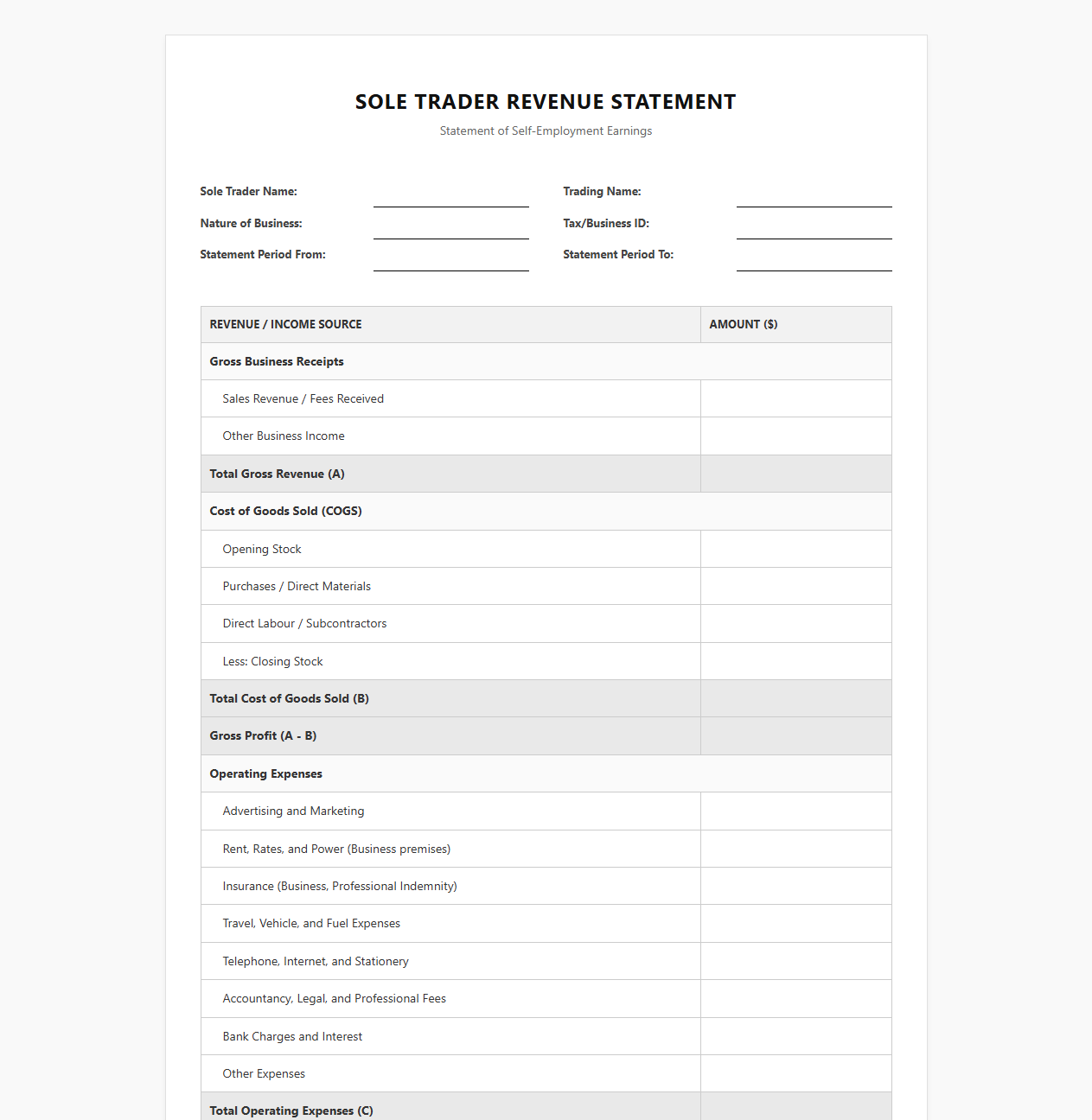 Sole Trader Revenue Statement Template