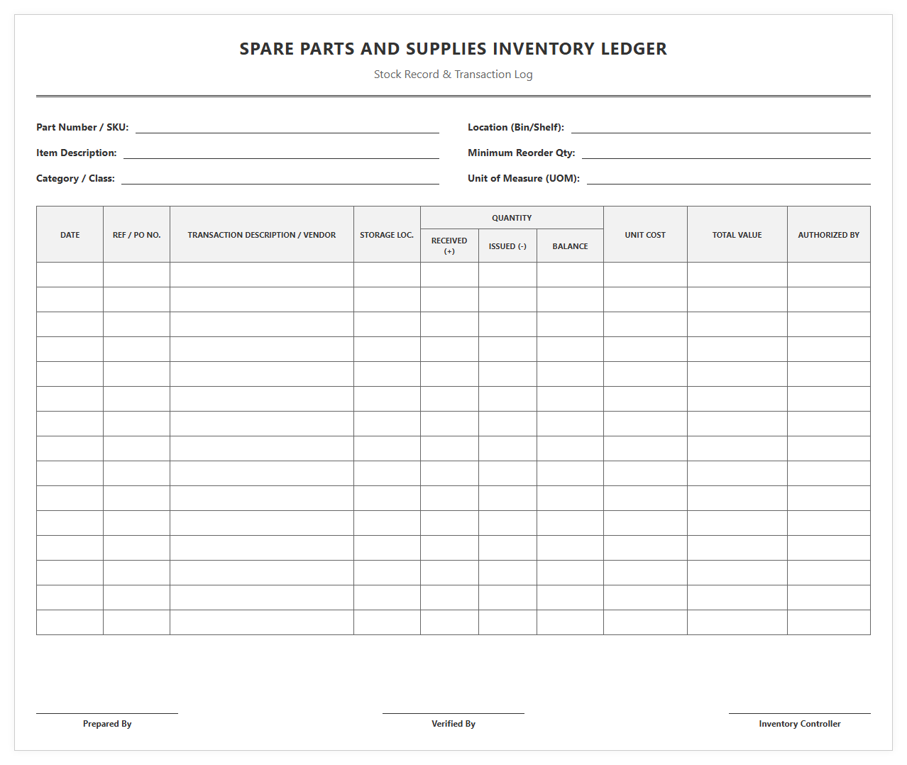 Spare Parts and Supplies Inventory Ledger