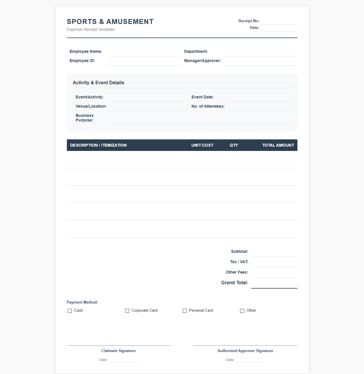 Sports and Amusement Expense Receipt Template