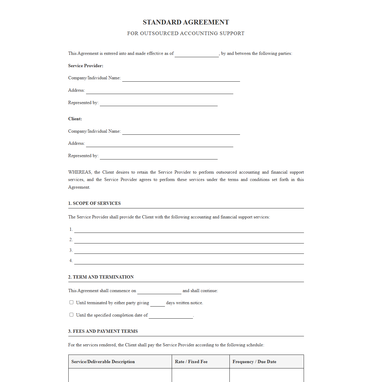 Standard Agreement for Outsourced Accounting Support
