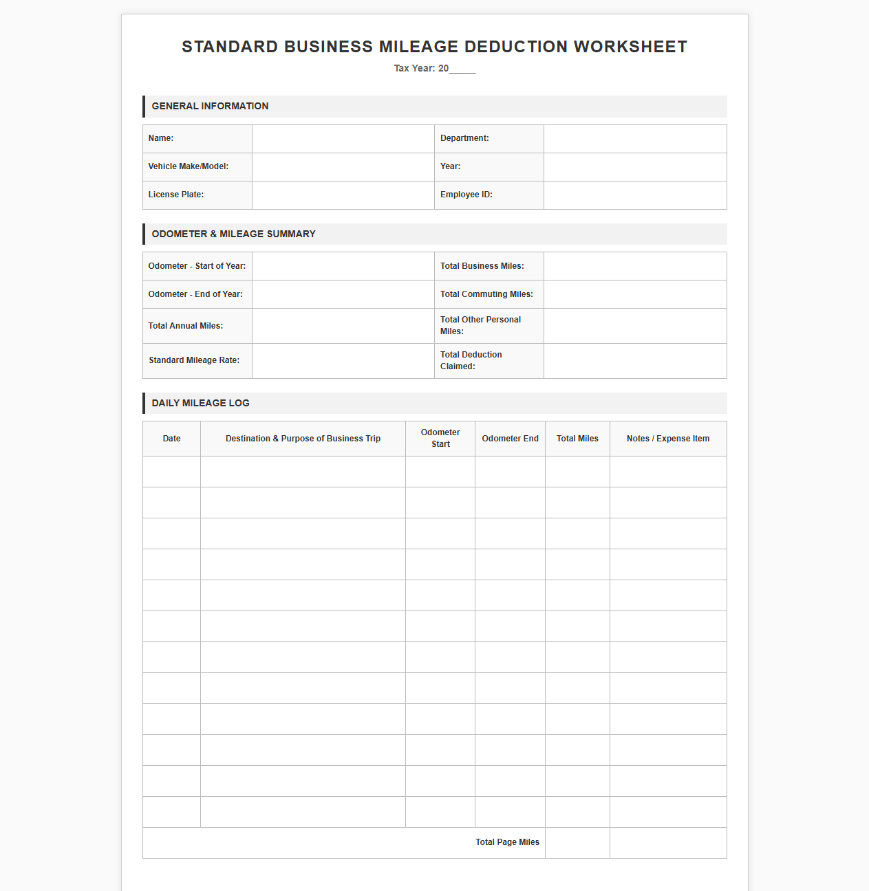 Standard Business Mileage Deduction Worksheet