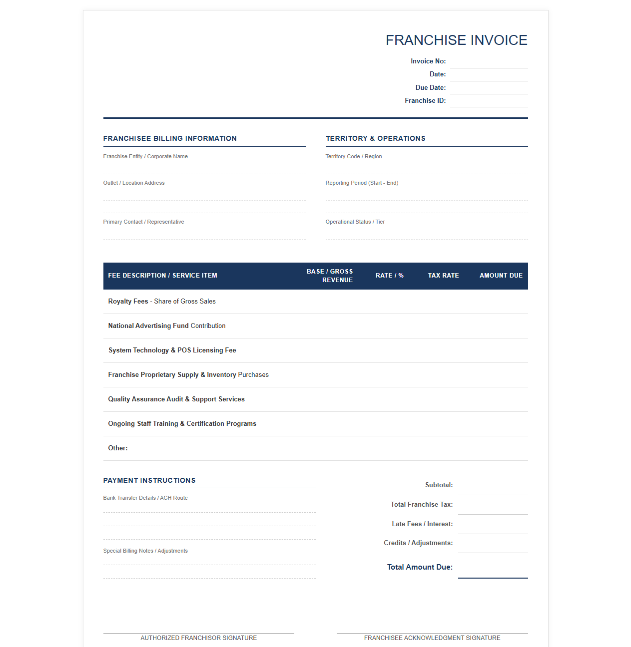 Standard Commercial Franchise Service Billing Template