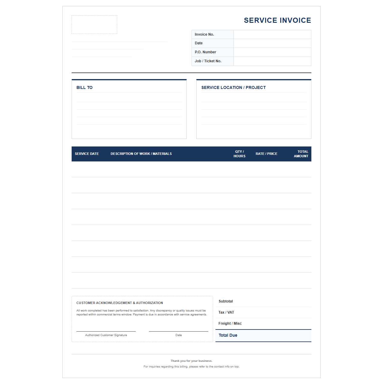 Standard Commercial Trade Service Billing Form