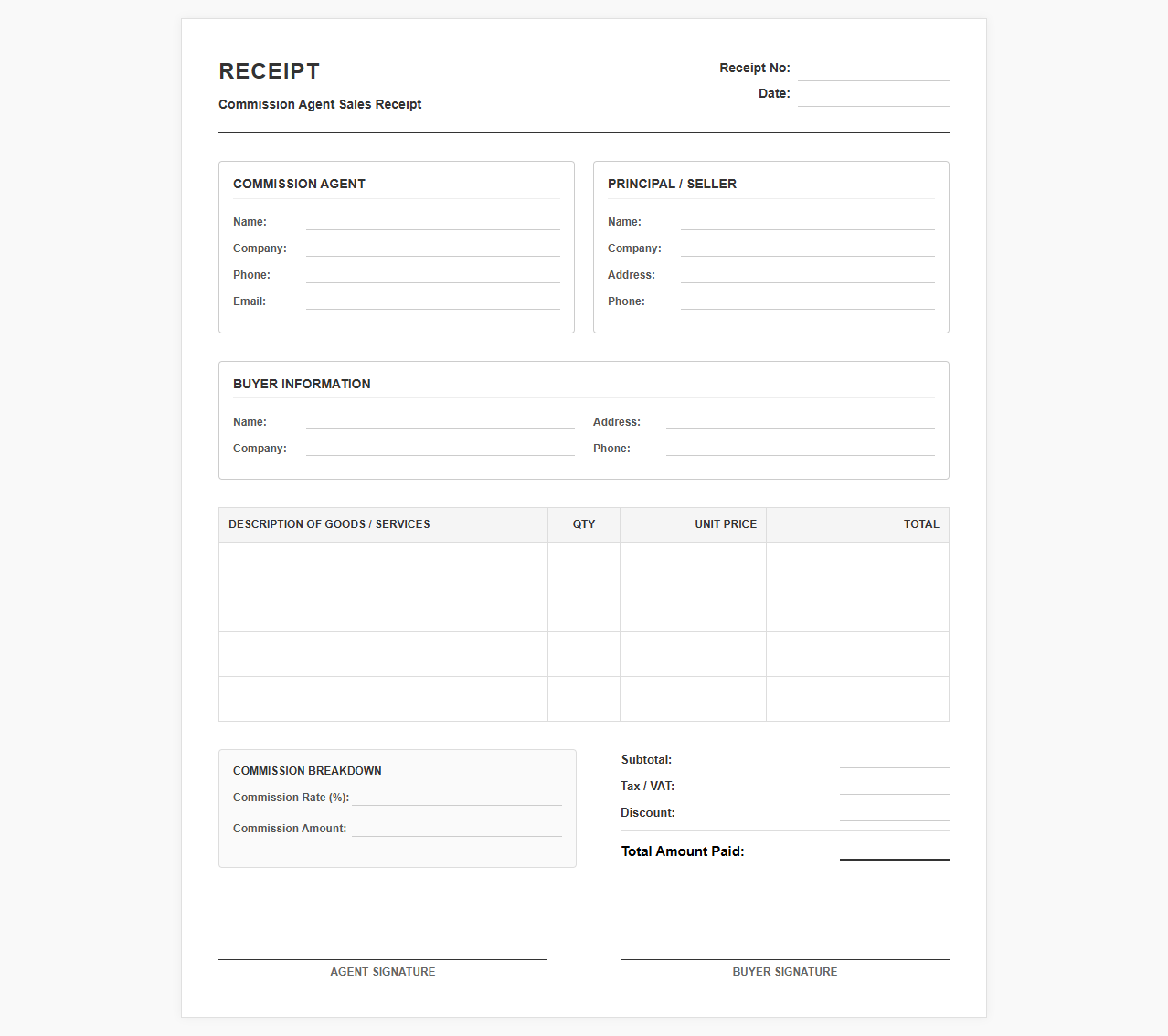 Standard Commission Agent Sales Receipt