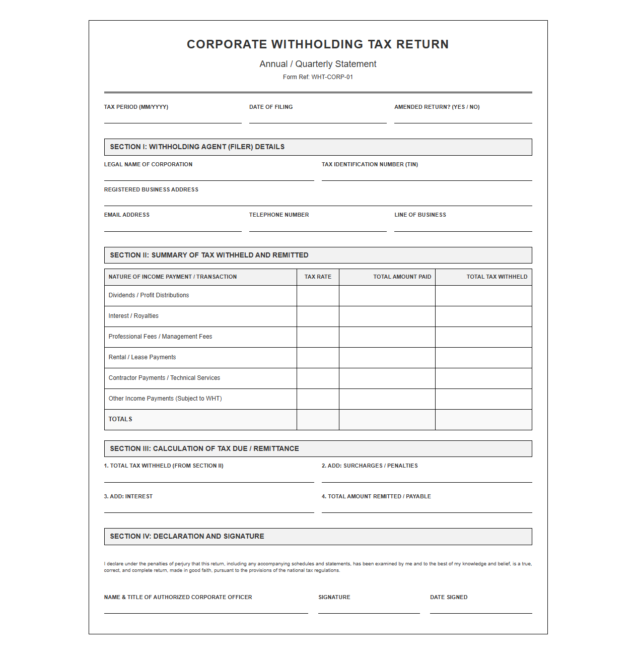 Standard Corporate Withholding Tax Return Document