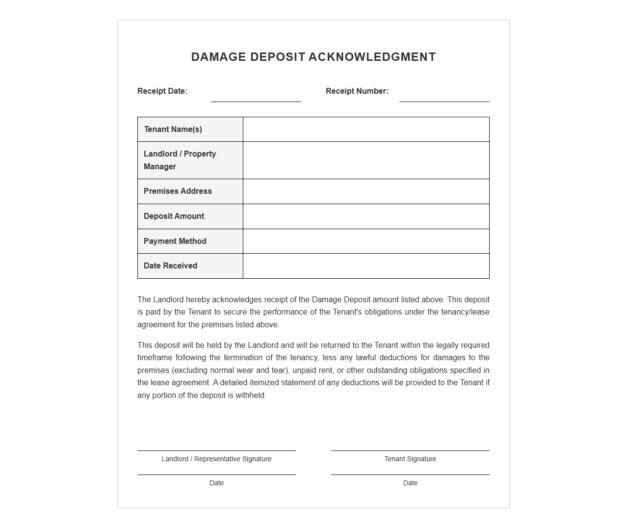 Standard Damage Deposit Acknowledgment Template