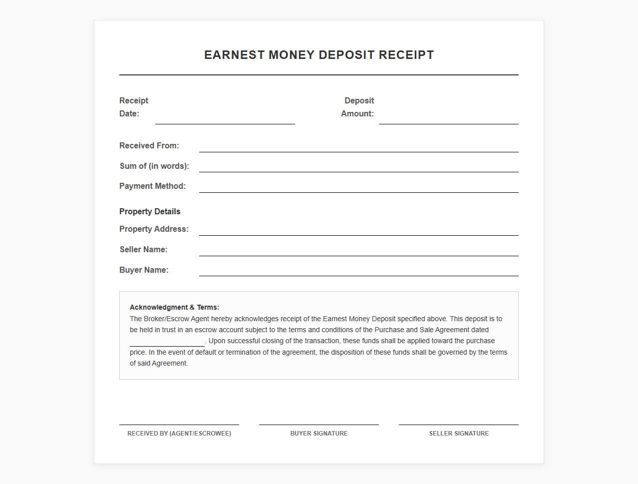 Standard Earnest Money Deposit Receipt