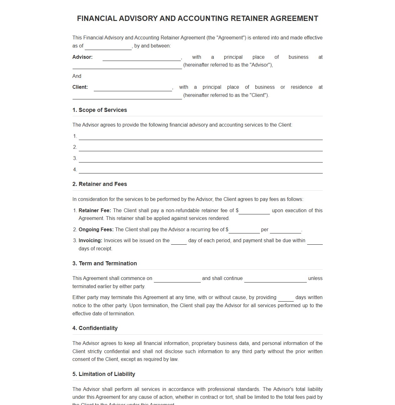 Standard Financial Advisory and Accounting Retainer Agreement