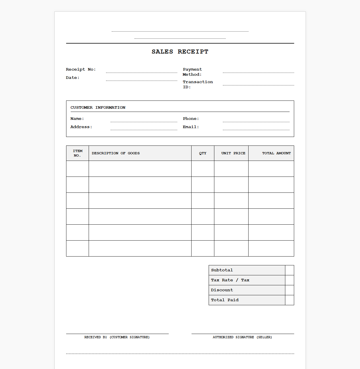Standard Goods Sales Transaction Receipt
