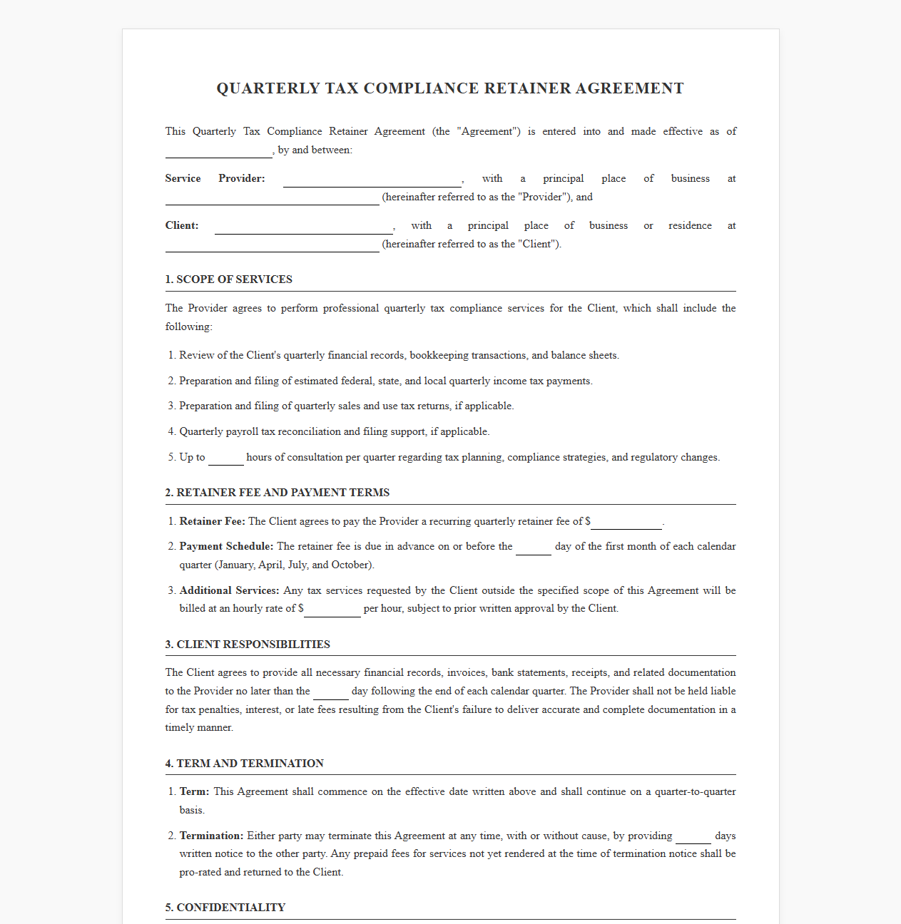 Standard Quarterly Tax Compliance Retainer Contract