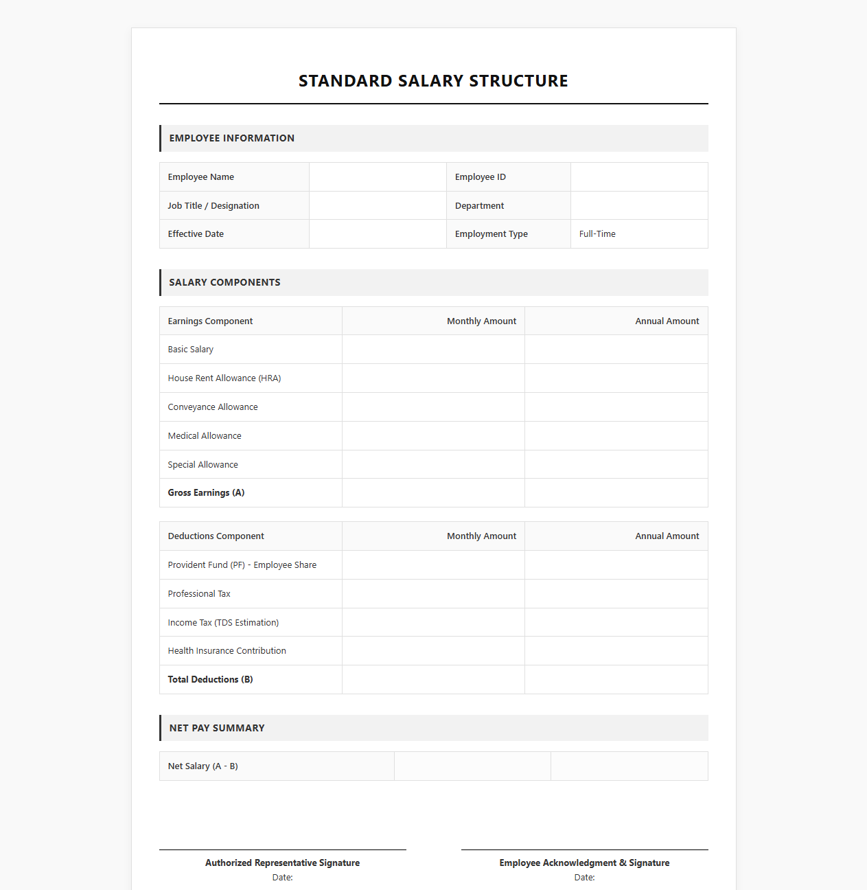 Standard Salary Structure for Full-Time Contracts