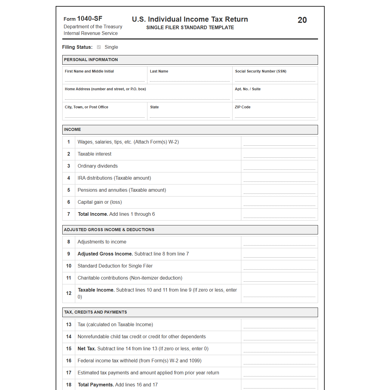 Standard Single Filer Tax Form Template