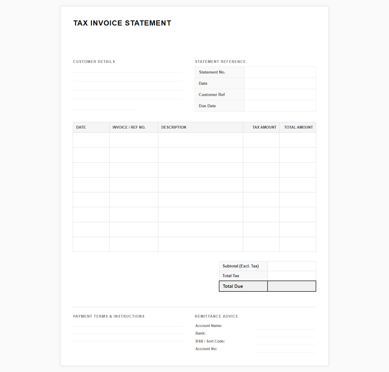 Standard Tax Invoice Statement Sheet