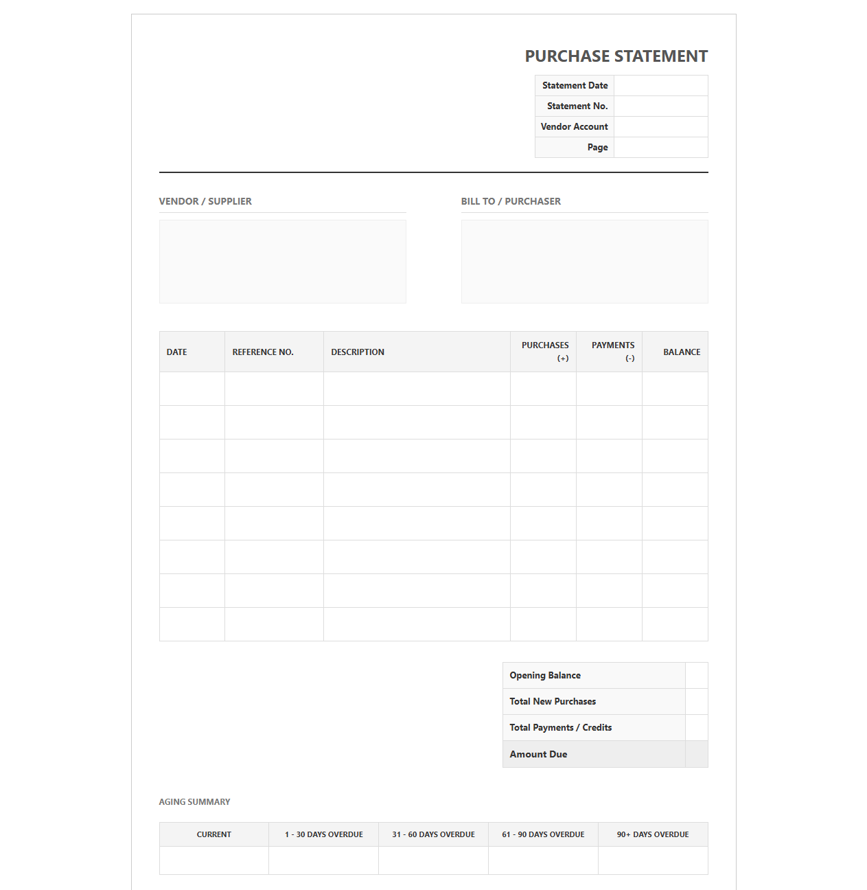 Standard Vendor Purchase Statement Template