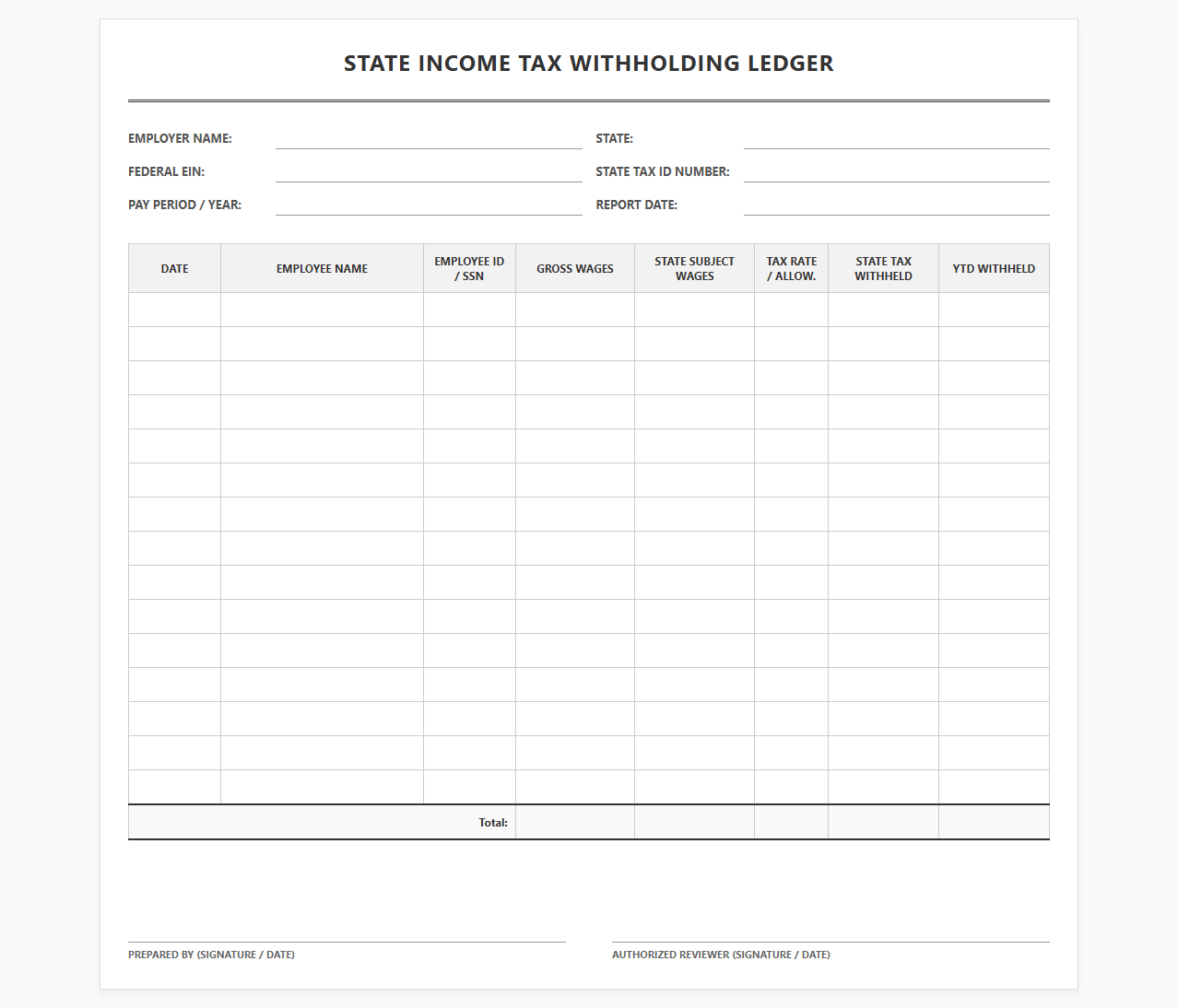 State Income Tax Withholding Ledger Sheet