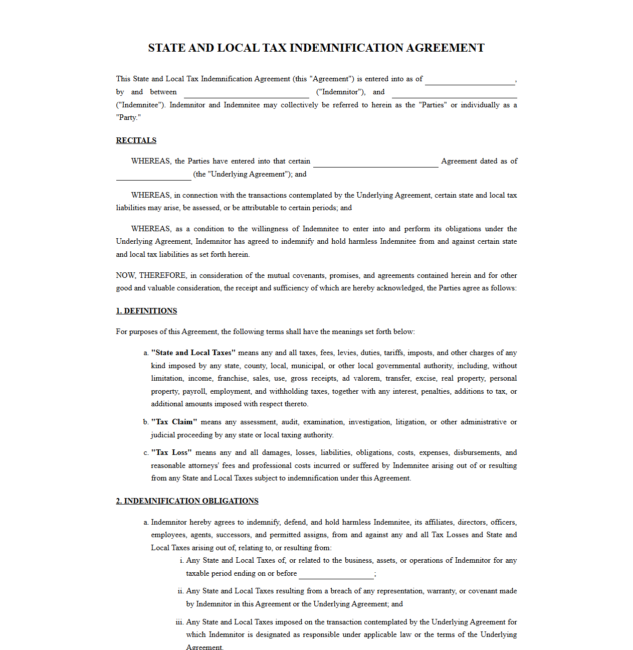 State and Local Tax Liability Indemnification Contract