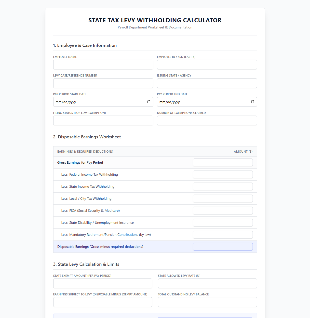 State Tax Levy Payroll Withholding Calculator