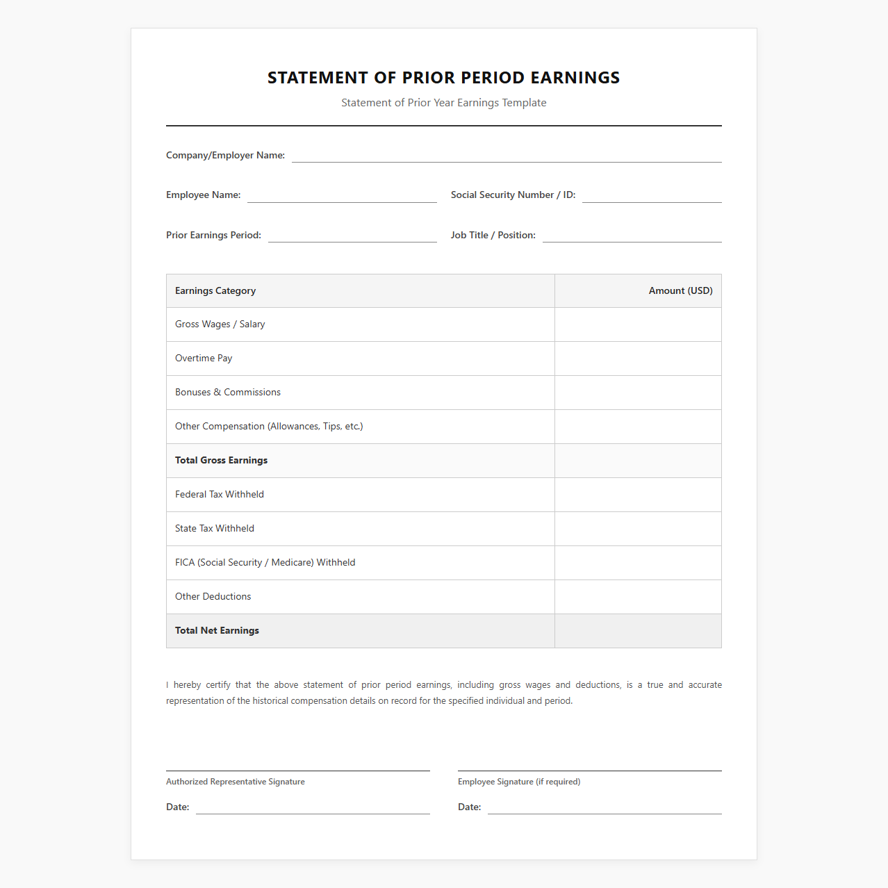 Statement of Prior Year Earnings Template