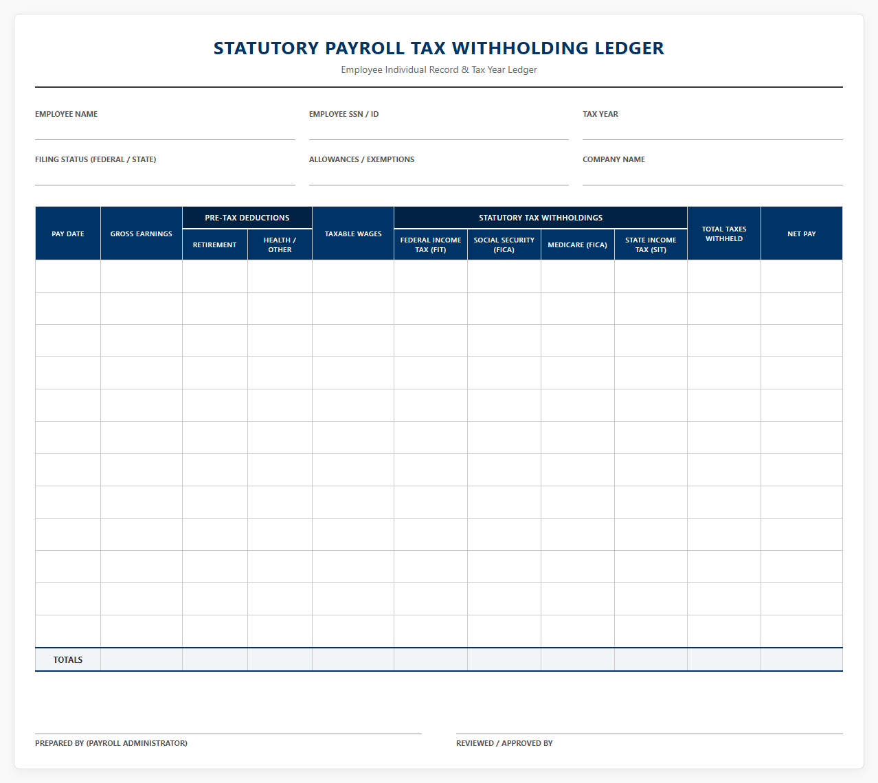 Statutory Payroll Tax Withholding Ledger