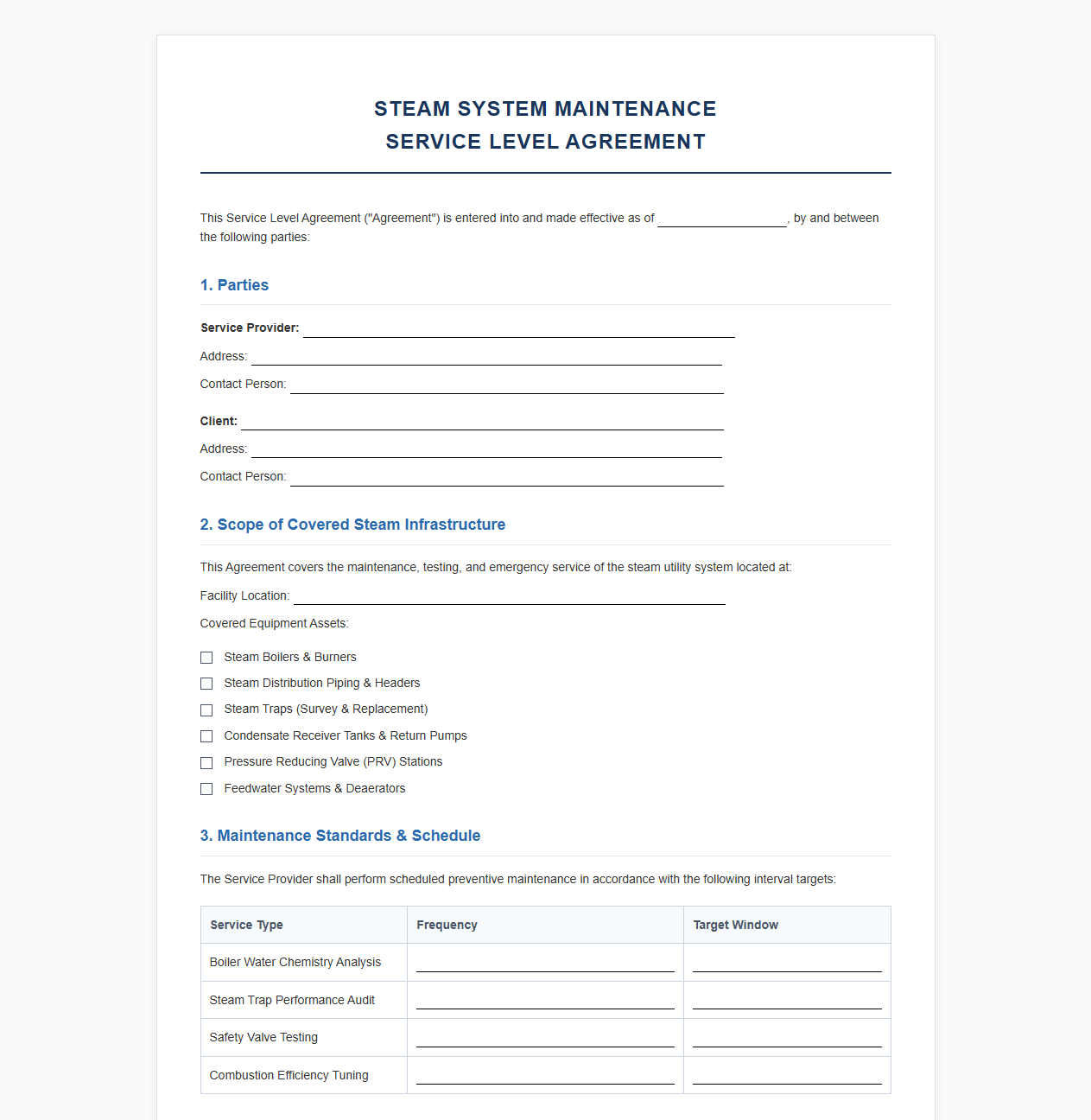 Steam System Maintenance Service Level Agreement
