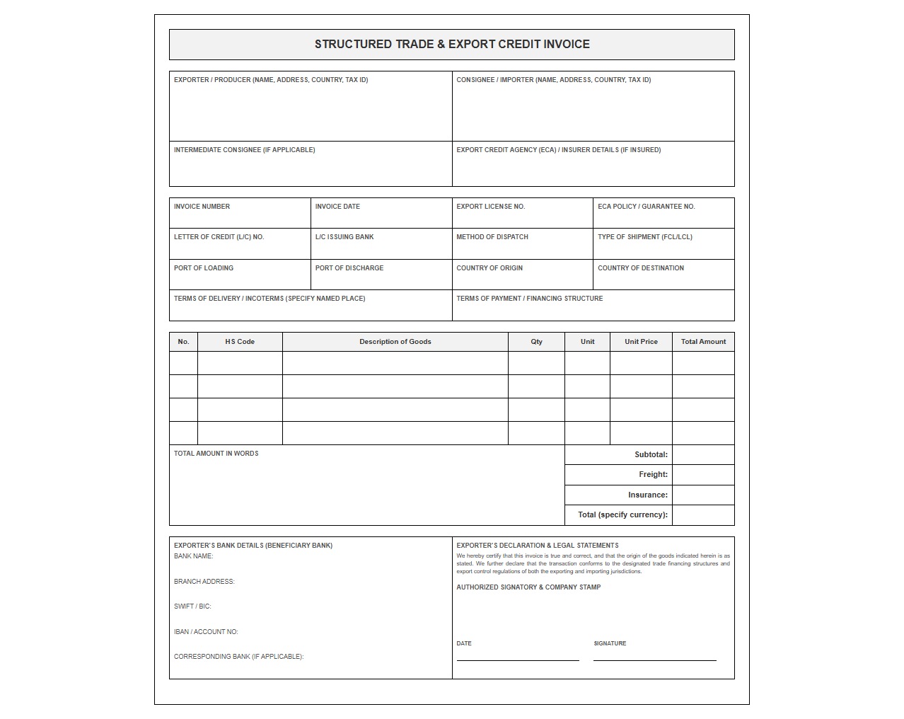 Structured Trade and Export Credit Invoice