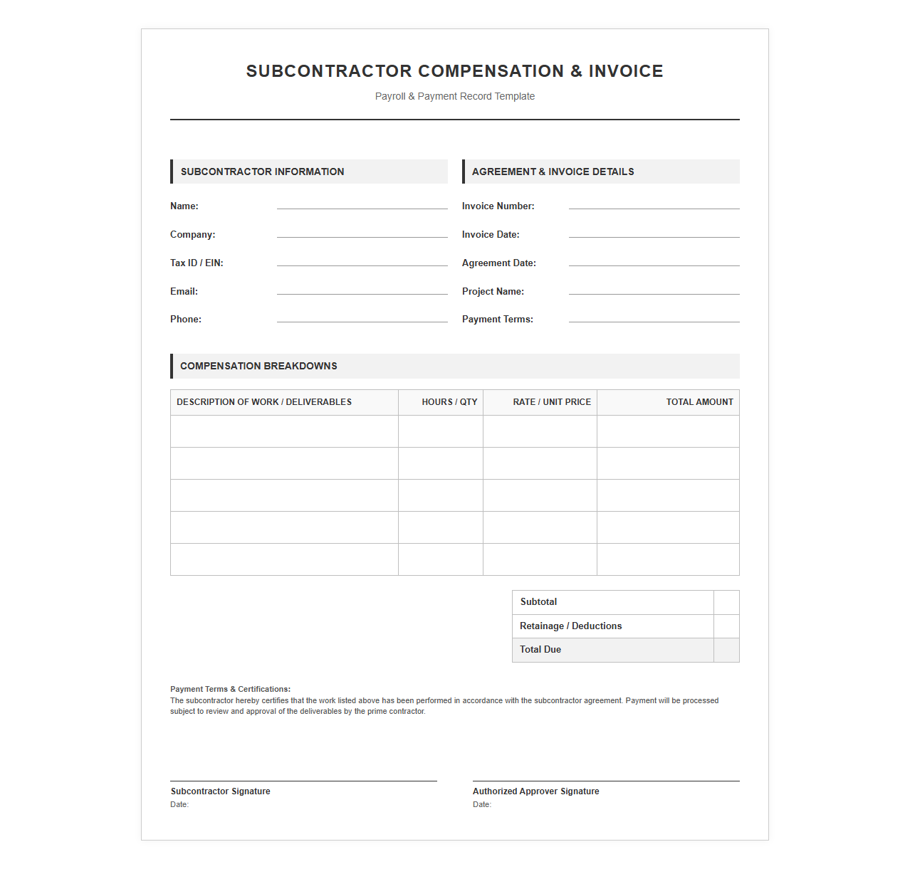 Subcontractor Compensation and Invoice Template