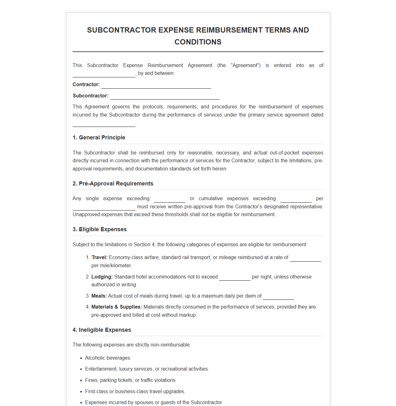 Subcontractor Expense Reimbursement Terms and Conditions