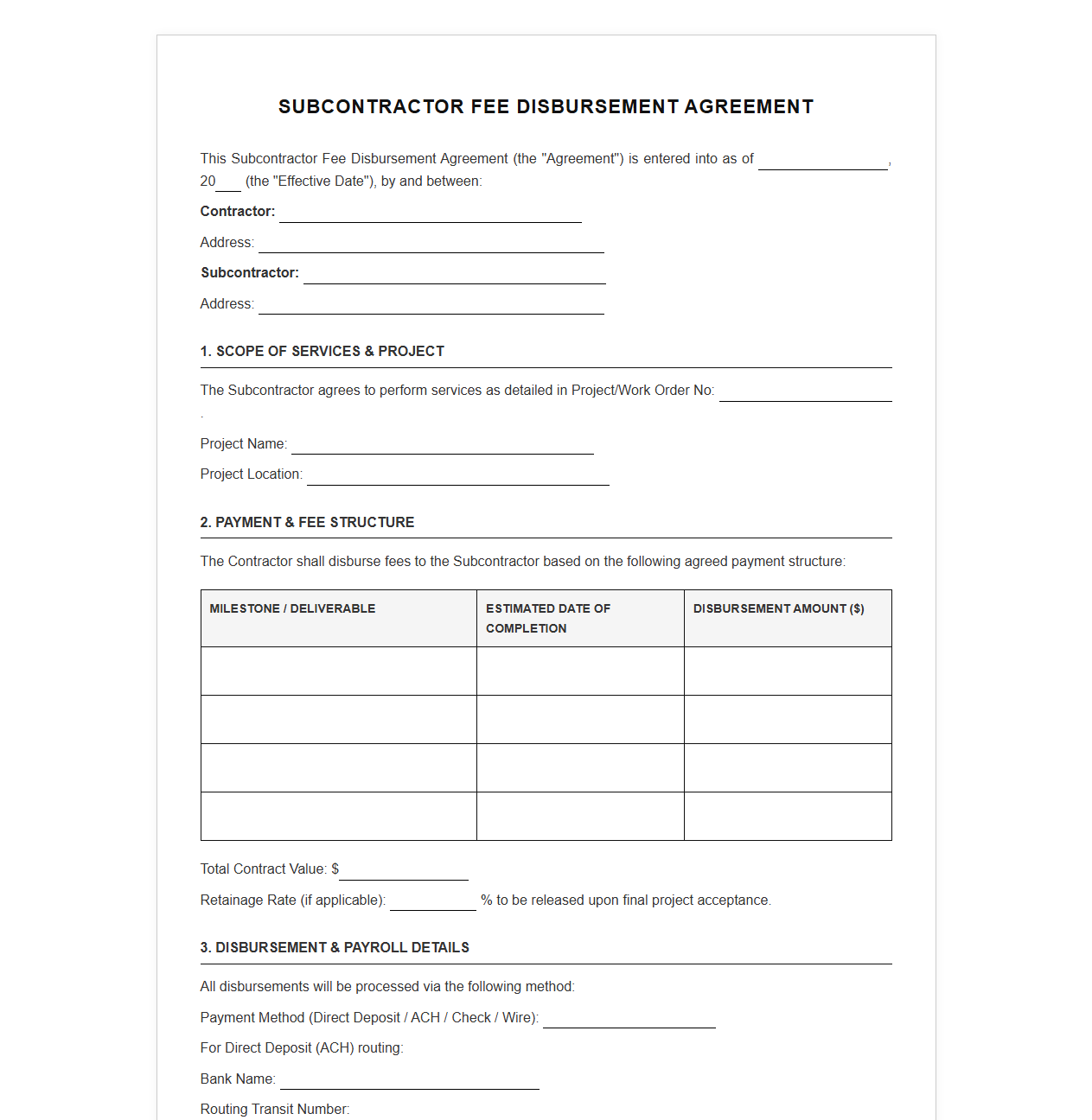 Subcontractor Fee Disbursement Agreement Template