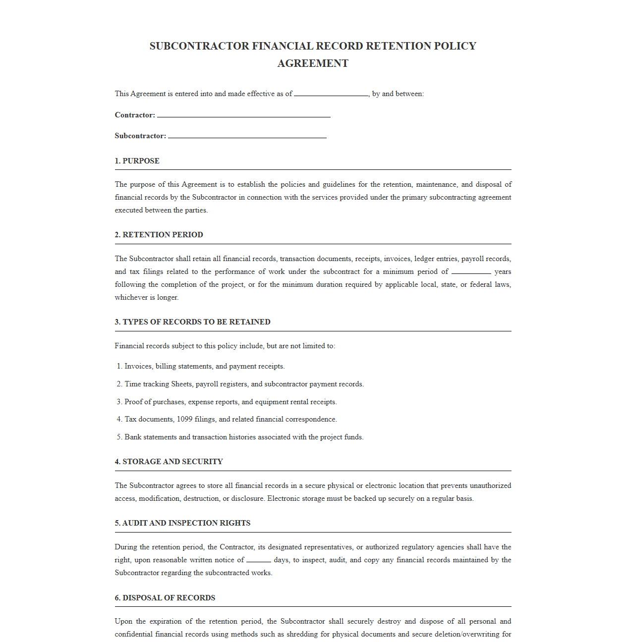 Subcontractor Financial Record Retention Policy Agreement