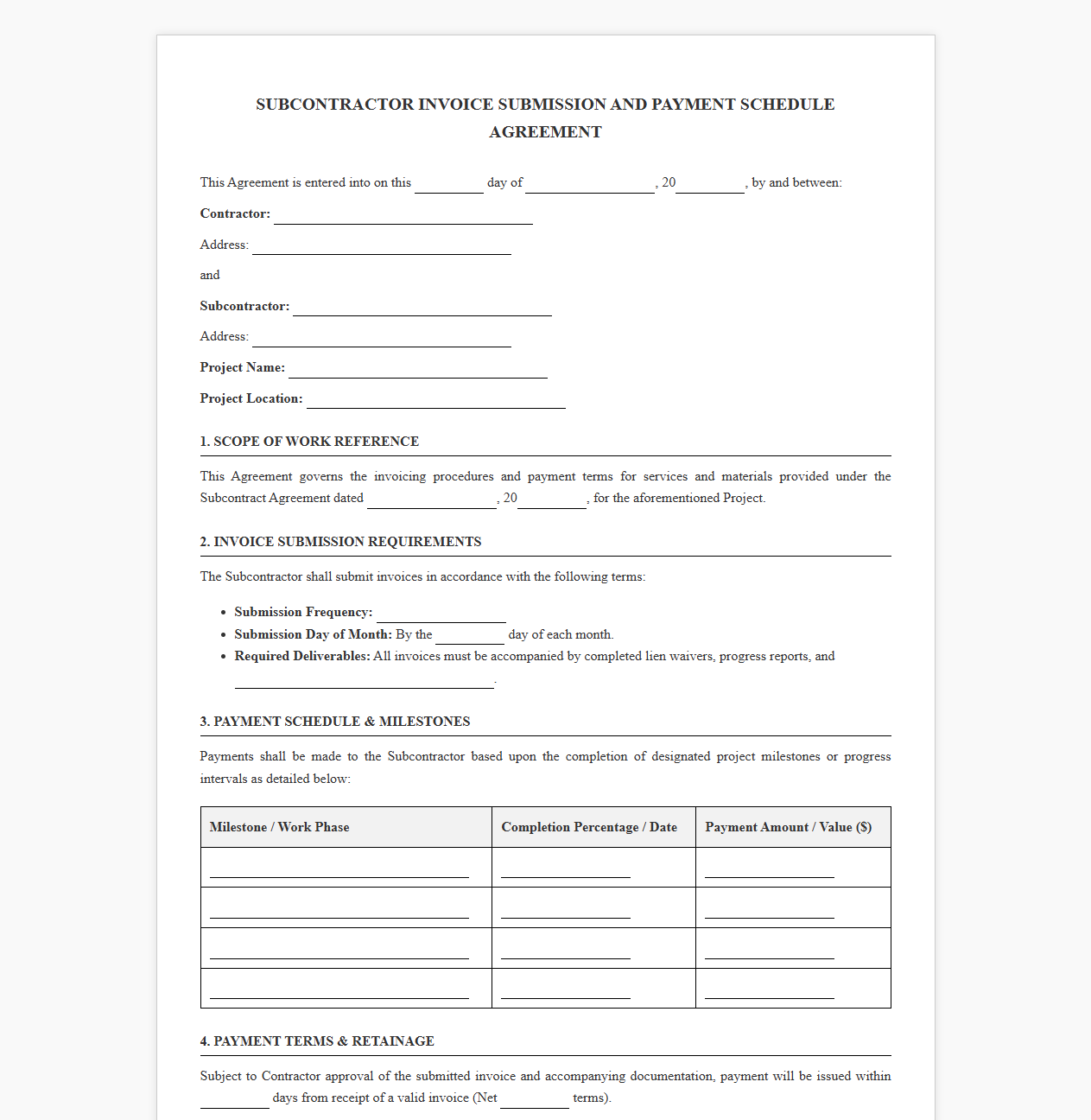 Subcontractor Invoice Submission and Payment Schedule Agreement