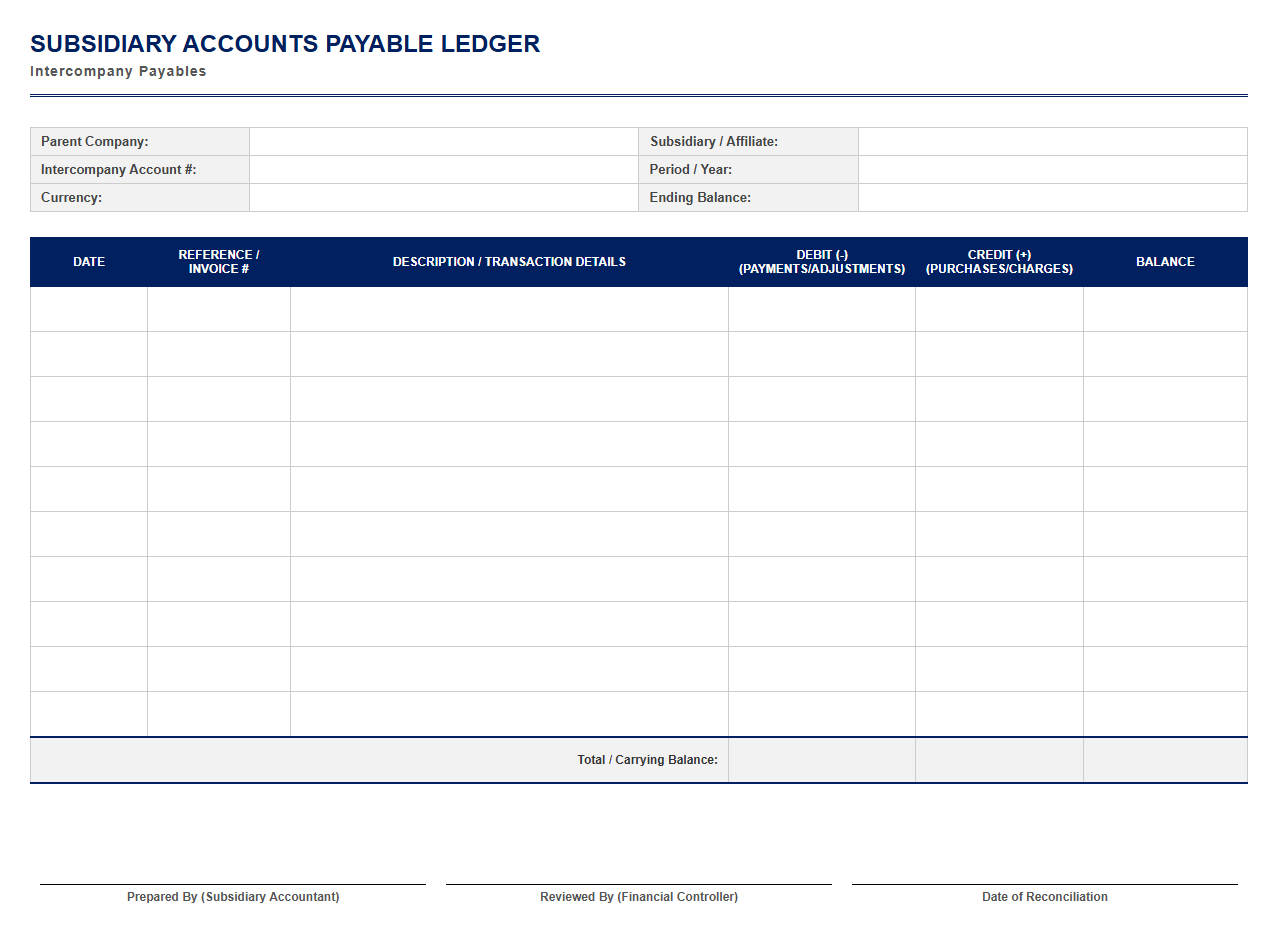 Subsidiary Accounts Payable Ledger Template