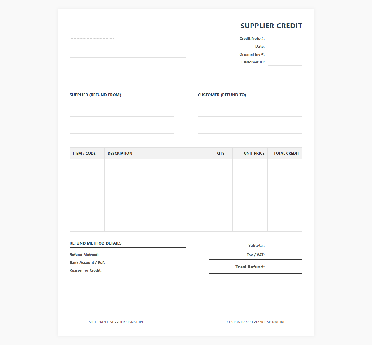 Supplier Credit Refund Invoice Template