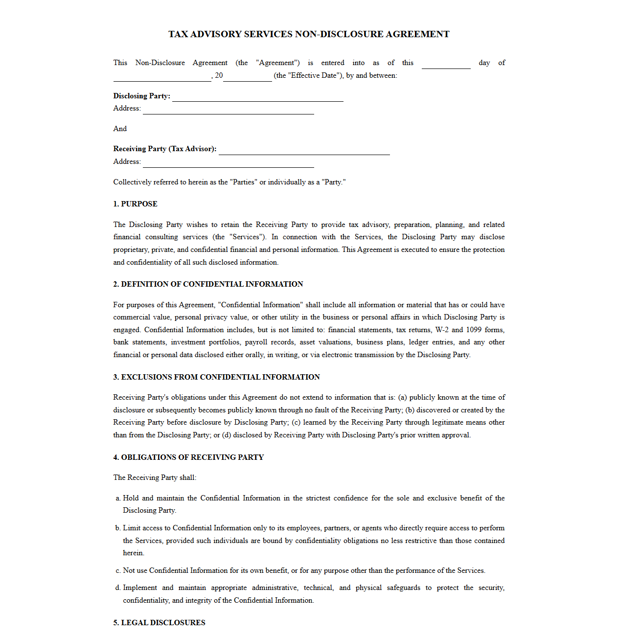 Tax Advisor NDA and Confidentiality Agreement Template